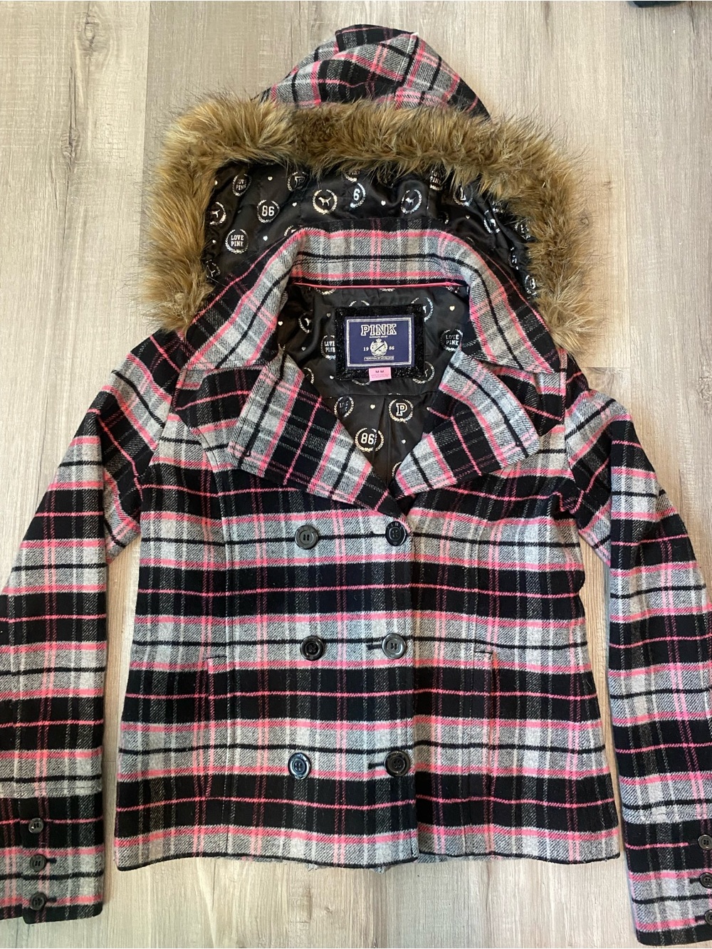 PINK Victoria's Secret Medium Plaid Button Up Peacoat with Faux-Fur Hood Trim